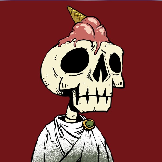 An illustration of a skeletal figure with an ice cream cone and pink ice cream scoops melting on its skull, set against a dark red background.