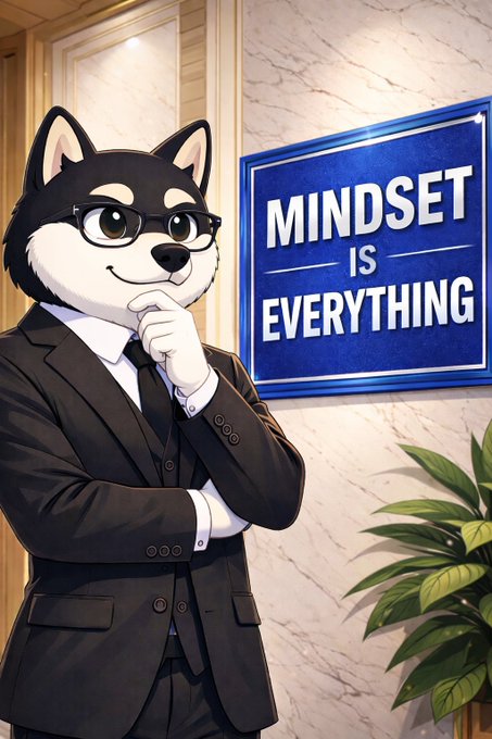 The image features a cartoon dog wearing glasses, standing next to a blue sign that says "MIND SET IS EVERYTHING". The dog appears to be posing for the picture while holding his chin thoughtfully. The background of the image shows a white wall with a plant on it. The caption at the bottom of the image reads: "Focus on what is in the image and how it relates to the post."