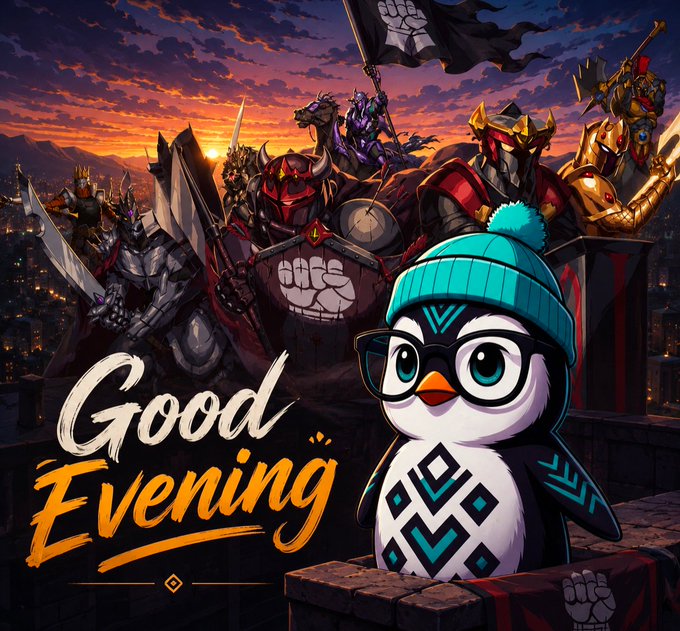 An anime-style illustration featuring a penguin mascot wearing glasses and a blue beanie, with armored warriors and a black flag bearing a fist logo in the background at sunset, alongside the text 'Good Evening'.