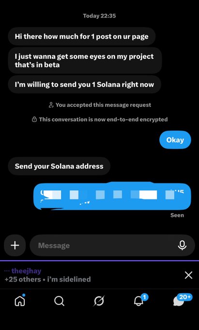 A screenshot of an Instagram DM conversation at 22:35 showing someone offering to pay "1 Solana" to get eyes on their beta project, with the user responding "Okay" before sharing their Solana address, illustrating the post's claim about earning 1 SOL through a quick conversation instead of traditional web3 work.