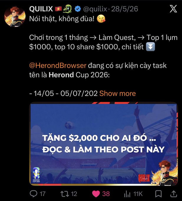 The image features an account posted on social media, specifically Twitter, that displays information about a soccer tournament. There are multiple mentions of "quilix" within the post's content. The post also includes a summary stating, "Congrats to @NamLong_DAO (for now) on taking top 1 spot in the Herond Cup 2026 Keep this momentum going—if we hit top 1, I'll send $1,000 to the #1 bro just like I said in this post: x.com/quilix/status/ ... The remaining $1000 split among the top 10 with a sweet". This summary highlights the context of the account's purpose and what the followers might be interested in learning about.