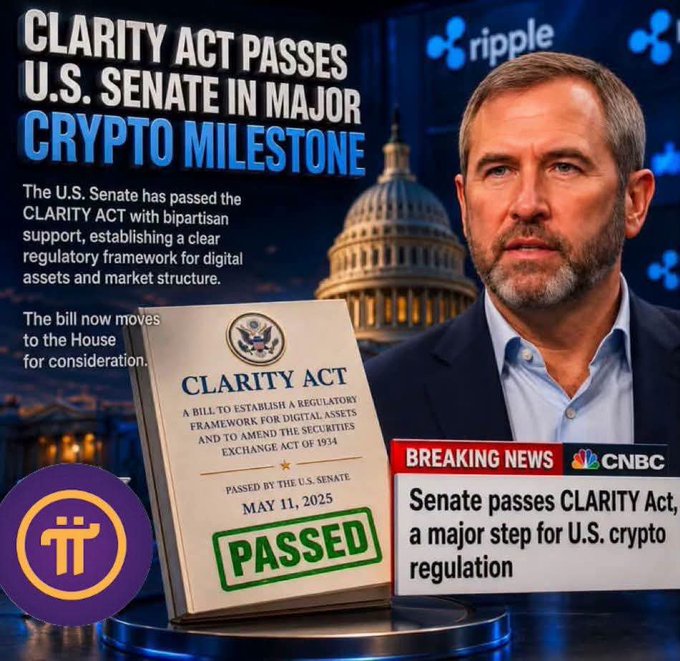 A CNBC-style news graphic announces "CLARITY ACT PASSES U.S. SENATE IN MAJOR CRYPTO MILESTONE," featuring Ripple branding, the U.S. Capitol, and a man in a suit beside a stamped "PASSED" copy of the bill dated May 11, 2025, aligning with the post's message about a major regulatory win for XRP and the broader crypto industry.