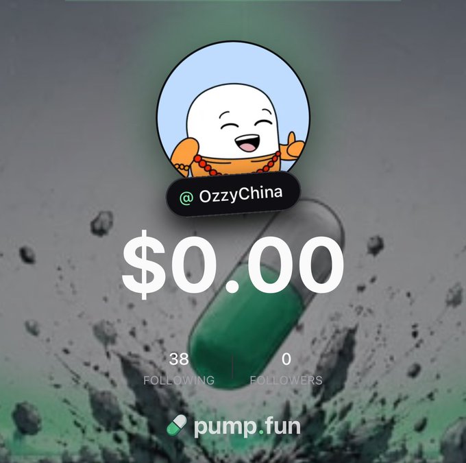 Pump.fun profile for user '@OzzyChina' featuring a cartoon avatar, a $0.00 balance, 38 following, 0 followers, and a pill capsule graphic.