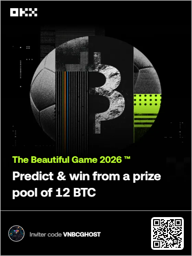 An OKX promotional graphic for 'The Beautiful Game 2026' featuring a Bitcoin-themed soccer ball, inviting users to 'Predict & win from a prize pool of 12 BTC' with invite code VNBCGHOST.
