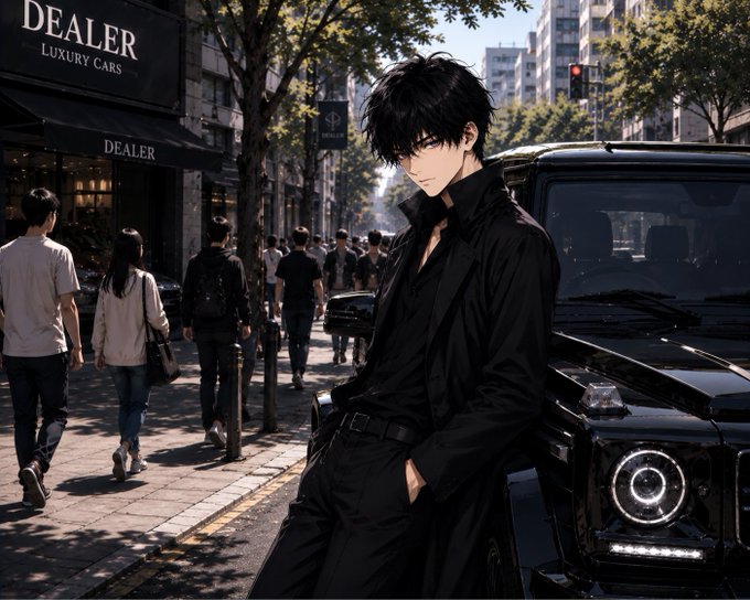 An anime-style illustration of a dark-haired man in a black coat leaning against a black SUV outside a 'DEALER Luxury Cars' shop in a city street.