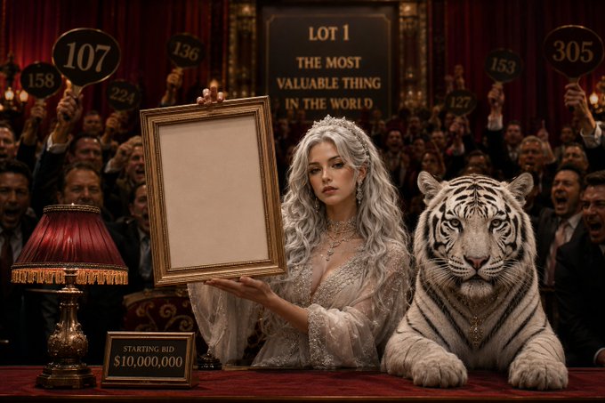 An auction scene with bidders holding numbered paddles (107, 158, 136, 224, 127, 153, 305) as a silver-haired woman holds an empty gold frame alongside a white tiger. A sign reads 'LOT 1 THE MOST VALUABLE THING IN THE WORLD' with 'STARTING BID $10,000,000'.