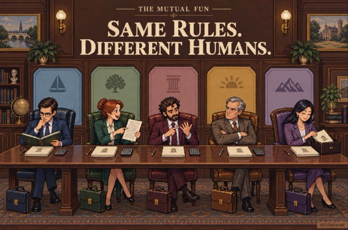 An illustrated advertisement for 'The Mutual Fun' game titled 'Same Rules. Different Humans.' showing five diverse characters in a boardroom with briefcases, set against panels representing different themed categories.
