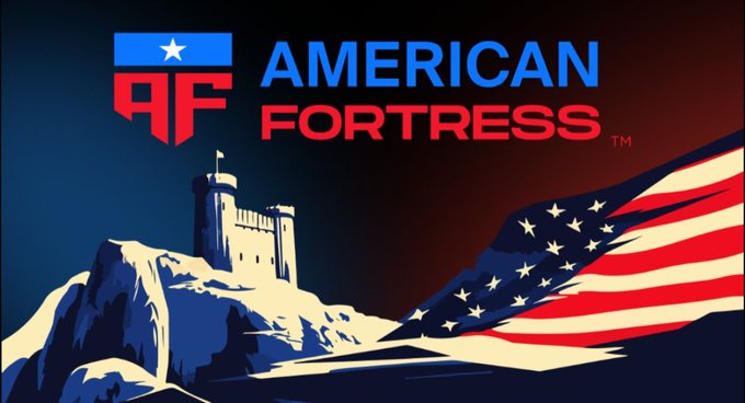 An 'American Fortress' logo graphic featuring a red, white, and blue shield with stars, the letters 'AF', and an illustration of a castle on a snowy hill beside an American flag.