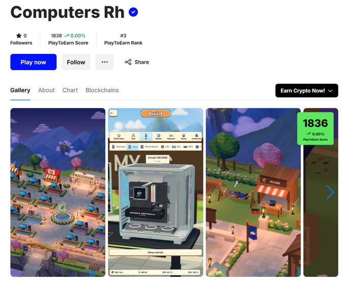 The image shows a webpage for "Computers Rh," a PlayToEarn game with a score of 1836 (#3 PlayToEarn Rank) featuring gallery screenshots of colorful 3D gaming environments including a building interface displaying a "Corsair AR Series" NVIDIA graphics card, a digital storefront labeled "ROBIN," and an outdoor cafe area with a hammock and chess table.

The post's mention of staying on top ties into the game's leadership shown in its #3 PlayToEarn ranking, while the "@RobinhoodCrypto" tag and an "Earn Crypto Now!" button on the page directly support the upcoming crypto rewards announcement on the Robinhood platform.