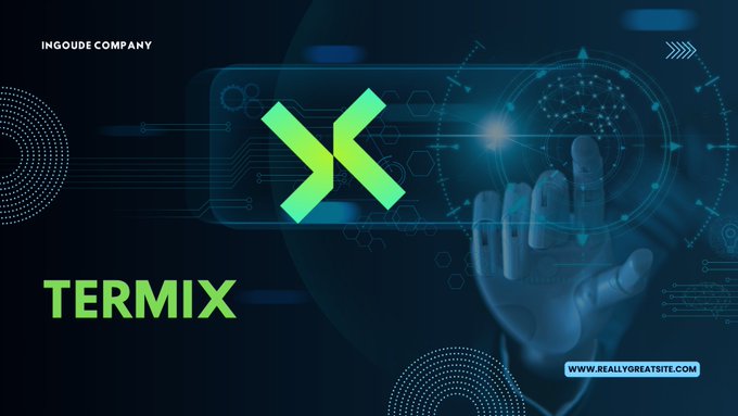 A promotional graphic for "TERMIX" by INGOUDE COMPANY featuring a green logo, set against a dark blue futuristic background with a holographic hand interface and a watermark reading "WWW.REALLYGREATSITE.COM".