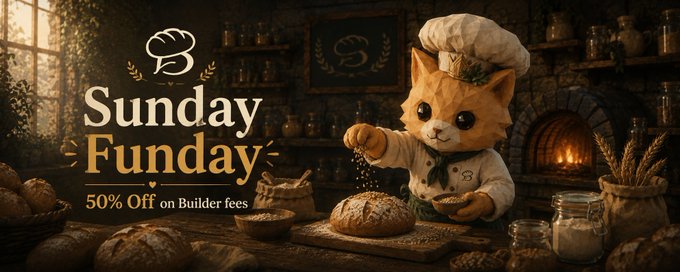 A promotional graphic featuring an orange cat dressed as a chef in a rustic bakery setting, with text reading 'Sunday Funday' and '50% Off on Builder fees' alongside a 'B' logo.