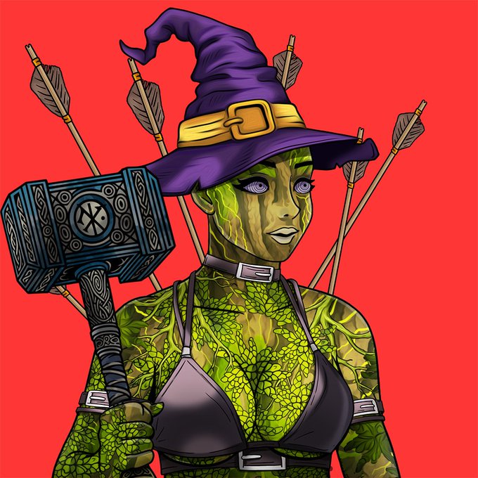 A green-skinned witch wearing a purple pointed hat and a bikini top, holding a large hammer over her shoulder, with several arrows visible behind her, set against a red background. The image embodies the post's message celebrating empowered women in the web3 community, portraying a fierce, unconventional female character that aligns with the creator's theme of strong women in the NFT space.