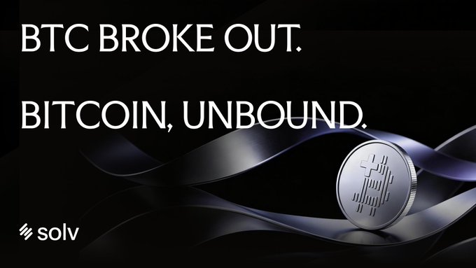 A dark promotional graphic with the text 'BTC BROKE OUT. BITCOIN, UNBOUND.' alongside a silver Bitcoin coin and the 'solv' logo in the bottom left.