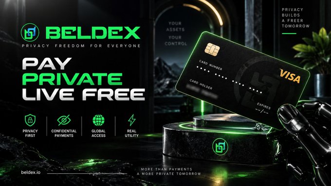A promotional advertisement for 'BELDEX' featuring the tagline 'PAY PRIVATE LIVE FREE' showcases a black Visa credit card held by a metallic hand above a glowing green platform.