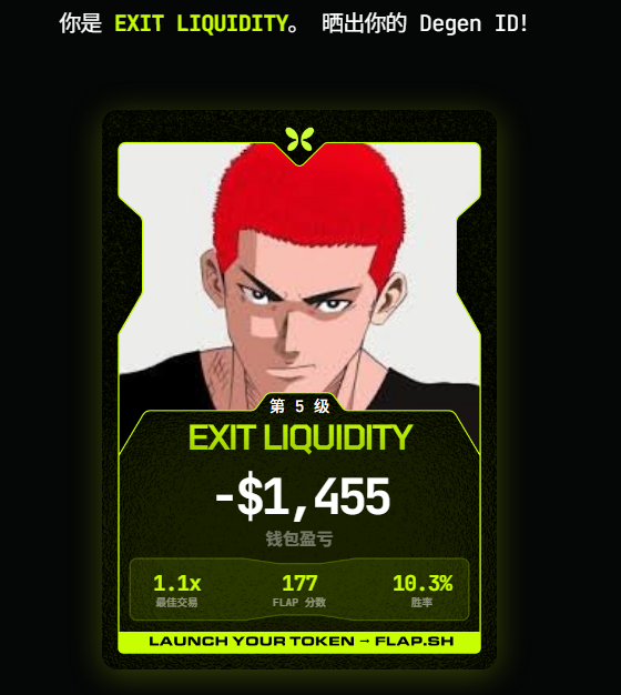 A digital trading card featuring an anime character with red hair labeled 'EXIT LIQUIDITY' at level 5, showing a profit/loss of -$1,455, with stats of 1.1x trading, 177 FLAP score, and 10.3% win rate, promoting 'LAUNCH YOUR TOKEN - FLAP.SH'.