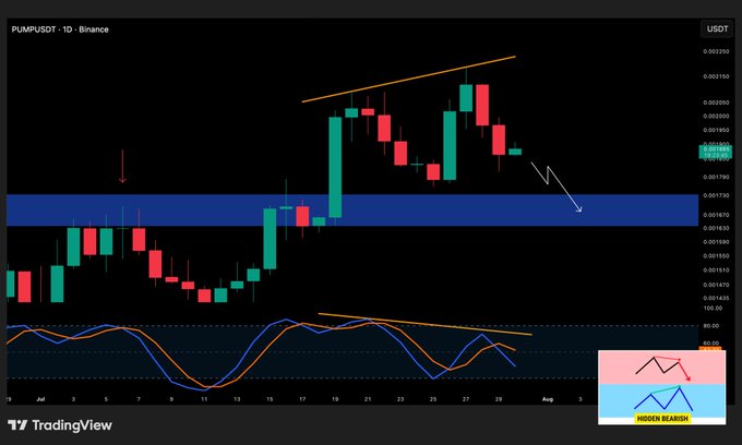 A TradingView candlestick chart for PUMP/USDT on Binance, showing price action with a blue resistance zone, trendlines, and arrows indicating technical analysis patterns.