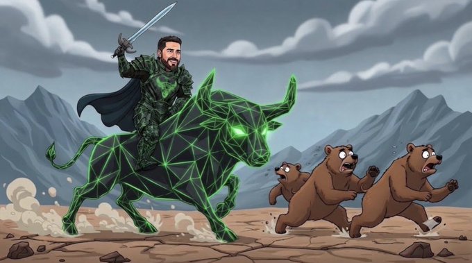 A digital illustration of a bearded warrior in dark armor riding a glowing green geometric bull-like creature while holding a sword, chasing three panicked brown bears across a dusty landscape.