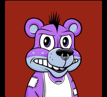 A cartoon image of a purple animatronic bear character with a mohawk, worn patches, and a wide toothy grin, set against a red background.