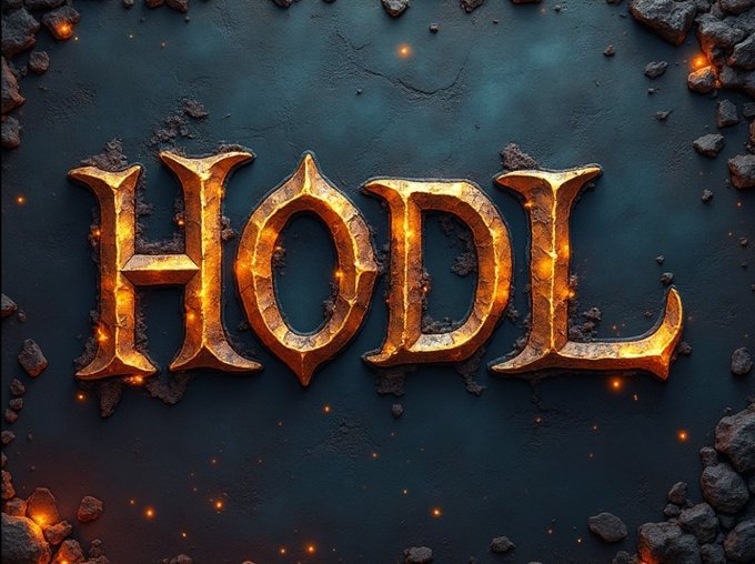 The word 'HODL' displayed in fiery golden letters against a dark rocky background with glowing embers.