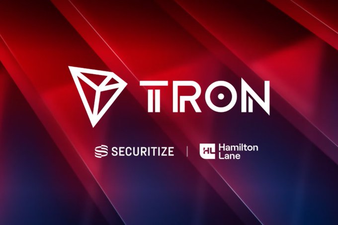 The image features a logo for the cryptocurrencyTRON, which is a digital currency designed by blockchain developer TRON. The logo consists of a triangle with a diamond at its center, surrounded by red lines. Below the logo, there are two lines that read "Securitize" and "Hilton Lane", indicating that the company behind the cryptocurrency is collaborating with Hilton to promote their services in the digital currency space.