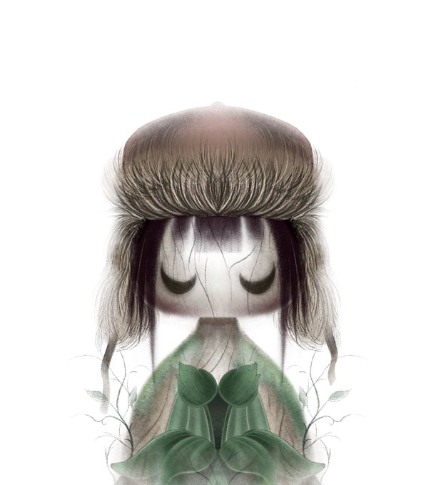 A haunting illustration of a pale figure with closed eyes, a large brown fur hat, and a green bow, surrounded by delicate vines on a white background.