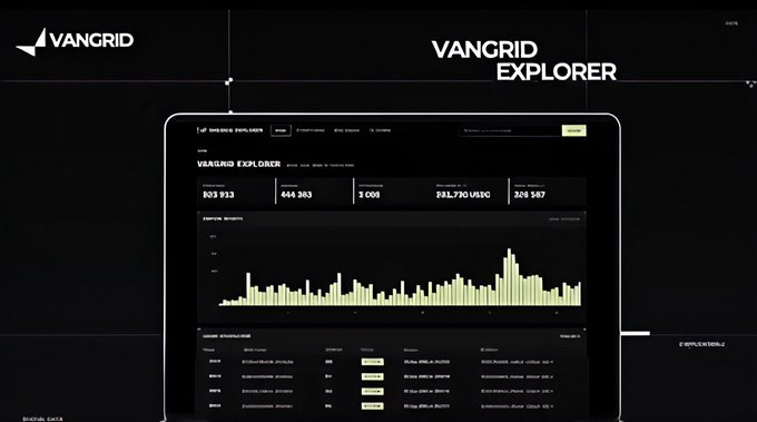 A promotional image for the 'VANGRID EXPLORER' dashboard showing blockchain statistics including 803,933 and 666,363 metrics, a yellow bar chart for company analytics, and a digital data section. The Vangrid logo appears in the top left.