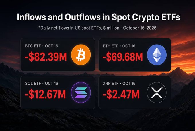 An infographic titled "Inflows and Outflows in Spot Crypto ETFs" dated October 16, 2026, showing daily net outflows: BTC ETF at -$82.39M, ETH ETF at -$69.68M, SOL ETF at -$12.67M, and XRP ETF at -$2.47M.