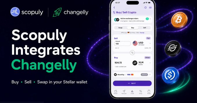 The image features a cell phone with an app displayed, which appears to be related to cryptocurrency or blockchain technology. The text "Scopaly Integrates Changely" is written above the phone screen, indicating that the app is designed for integration into existing systems. The background of the image shows a purple and green swirl pattern, adding visual interest to the scene.