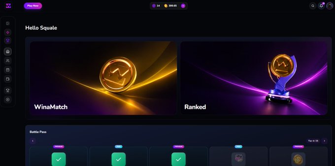 A gaming platform interface displaying 'Hello Squale' with options for 'WinaMatch' and 'Ranked' modes, along with a Battle Pass section at the bottom.