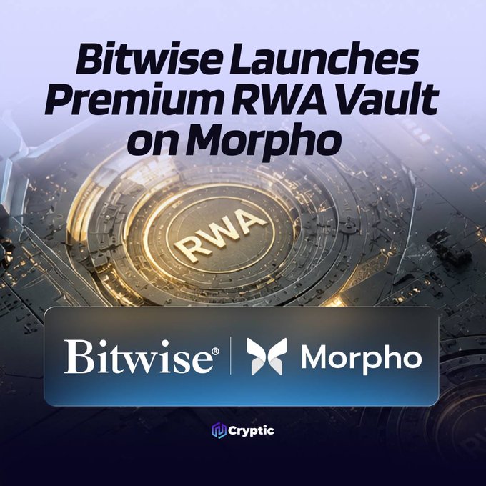 A promotional graphic announces "Bitwise Launches Premium RWA Vault on Morpho," featuring a futuristic vault door embossed with "RWA" and displaying the Bitwise and Morpho logos side by side. The image visually reinforces the announcement of Bitwise's new PAPY vault, which utilizes Morpho's lending protocol to generate yield from tokenized real-world assets.