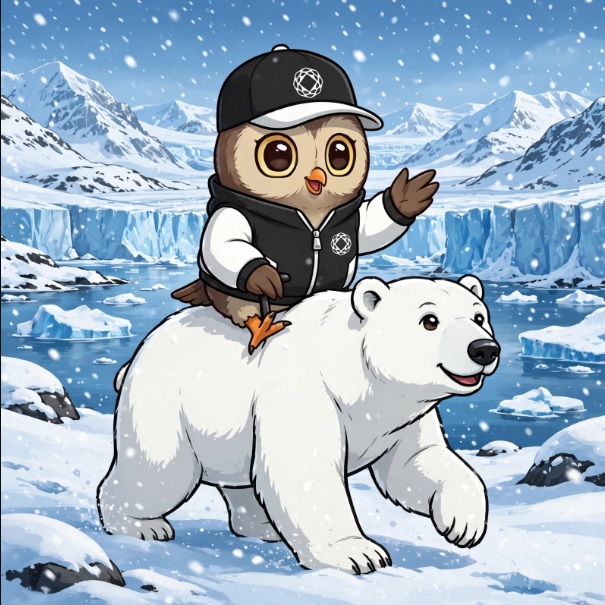 A cute cartoon illustration of an owl wearing a black cap and jacket, riding on the back of a polar bear through a snowy, icy landscape with falling snow.