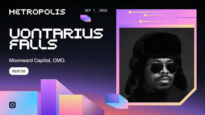 A promotional graphic for 'METROPOLIS' dated SEP 1, 2026, featuring 'UONTARIUS FALLS' identified as Moonward Capital, CMO and Mentor, with a portrait of a man wearing sunglasses and a fur hat.