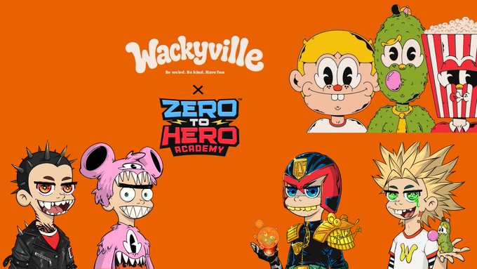 Promotional artwork for the "WackyVille" × "Zero to Hero Academy" collaboration, featuring colorful cartoon-style characters designed by artist @uyo66_ against an orange background, showcasing the project's distinctive NFT art style.