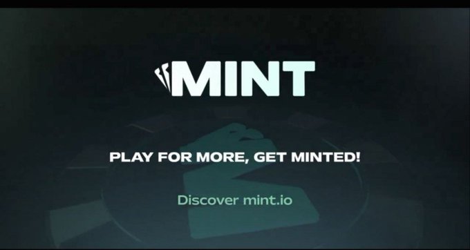 A dark promotional screen with the white 'MINT' logo and tagline 'PLAY FOR MORE, GET MINTED!' followed by 'Discover mint.io' in teal, with a green number '2' visible in the background.