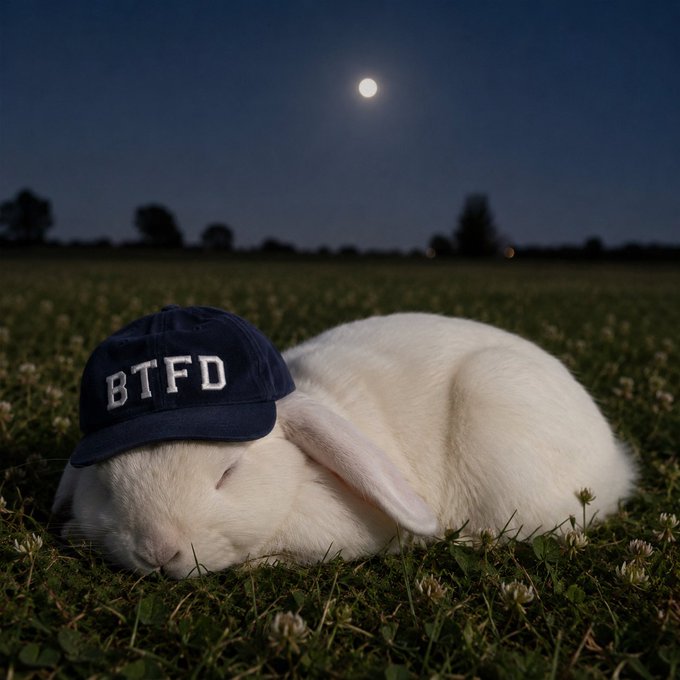 A white rabbit is sleeping peacefully with its head resting on a blue cap that has the word "BTFD" written on it. The setting appears to be a grassy field at night, creating an atmospheric background for the scene of relaxation and tranquility. The presence of this adorable bunny under a full moon further adds to the serene and captivating nature of the image.