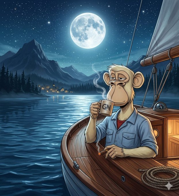 A weary cartoon monkey relaxes on a wooden sailboat at night, sipping coffee from a mug labeled "GN" and smoking a cigar under a glowing full moon, with a distant lakeside village twinkling on the shore—capturing the "good night" sentiment of the post as it anticipates Monday's weekly points distribution results from Quipnetwork, ARCTERMINAL, and Tria.