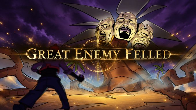 A player character stands triumphantly before a towering three-faced golden idol in a dramatic desert setting, with the text "GREAT ENEMY FELLED" displayed prominently across the screen—visually marking the victory over the challenging Anniversary Gacha battles referenced in the post.