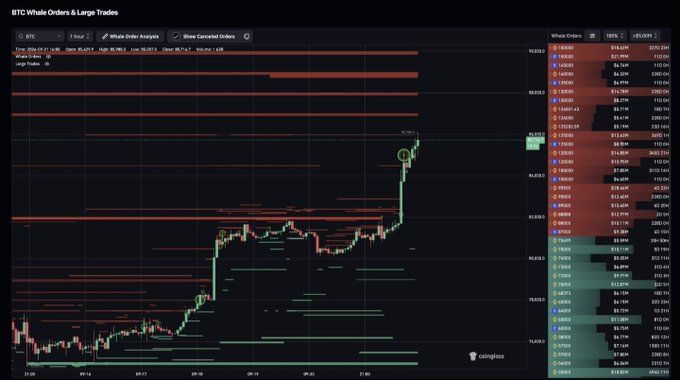 A BTC Whale Orders & Large Trades chart showing a candlestick graph with red horizontal order lines, displaying a sharp price increase to around 86,961.