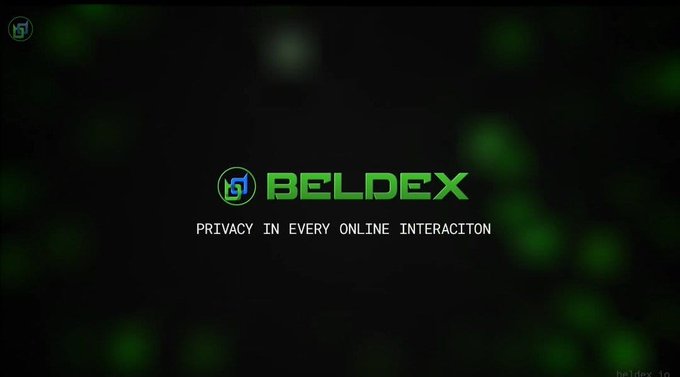 The image is a promotional graphic for Beldex featuring the company's green and blue logo against a dark background with blurred green light effects. It displays the text "BELDEX - PRIVACY IN EVERY ONLINE INTERACTION," aligning with the post's emphasis on Beldex's broader privacy solutions beyond just messaging, such as protecting IP addresses and browsing activity with tools like BChat.