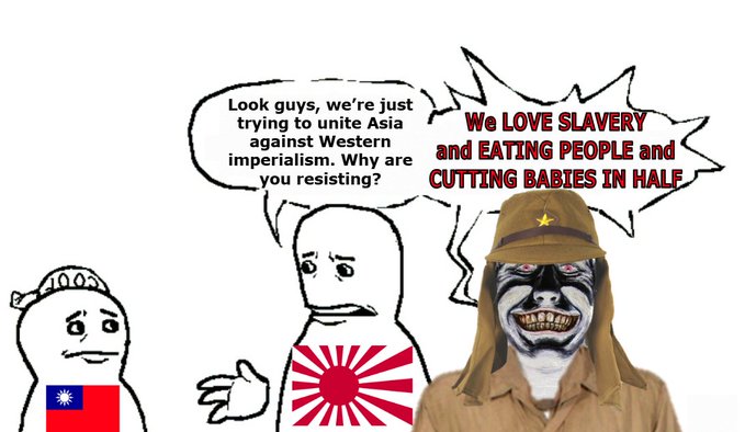 The meme shows a Japanese imperialist figure urging “unity against Western imperialism” while a grotesque, masked figure shouts “We LOVE SLAVERY and EATING PEOPLE and CUTTING BABIES IN HALF,” satirizing extremist propaganda that distracts from real opportunities like the crypto surge described in the post.