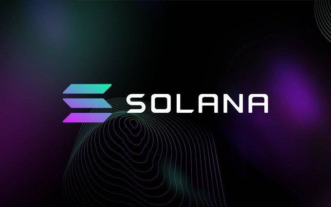 A graphic displaying the Solana cryptocurrency logo and name with its distinctive teal-to-purple gradient symbol on a dark background with colorful light effects.