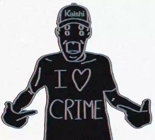 A black silhouette figure wearing a "Kalshi" cap has glowing white eyes and an open mouth, wearing a shirt reading "I ♡ CRIME" — humorously tying Kalshi, the prediction market platform, to the speculative, high-risk nature of perpetual swaps trading referenced in the post.