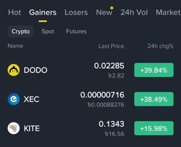 A cryptocurrency exchange screenshot showing top 'Gainers' including DODO at 0.02285 (+39.84%), XEC at 0.00000716 (+38.49%), and KITE at 0.1343 (+15.98%).