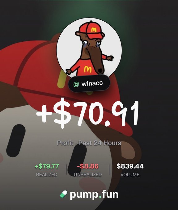The image shows a pump.fun profile screenshot for "winacc" featuring a cartoon aardvark/mascot character wearing a red McDonald's-style cap, displaying a profit of +$70.91 over the past 24 hours with $79.77 realized gains and $8.86 unrealized losses on $839.44 volume. It serves as visual proof of the poster's claim about making $70 daily from crypto trading on pump.fun, contrasting with the "web jobs" monthly income they mentioned.