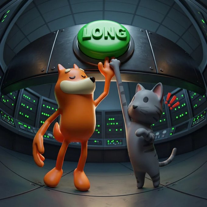 A 3D rendered scene featuring an orange dog and a grey cat pressing a large green button labeled 'LONG' inside a high-tech server room.