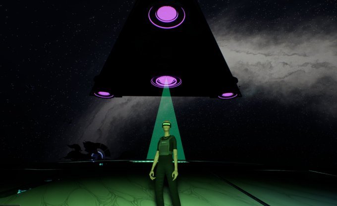 A 3D rendered scene featuring a person wearing a VR headset standing under a flying saucer projecting a green beam, set against a cosmic background.