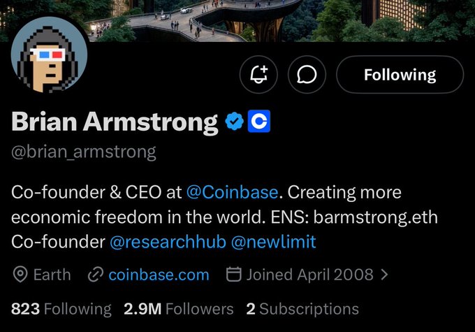 Twitter/X profile page of Brian Armstrong (@brian_armstrong), Co-founder & CEO of Coinbase, showing 2.9M followers and his bio mentioning ENS: barnstrong.eth.
