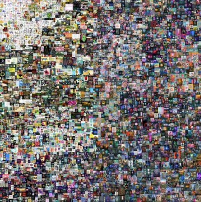 A dense mosaic of thousands of tiny NFT thumbnails—including characters, abstract art, and various pixelated designs—composed together to form a larger image. The collage visually represents the massive, speculative NFT market, where the once-record-breaking $70 million "CryptoPunk" has plummeted in value to just $15,000.
