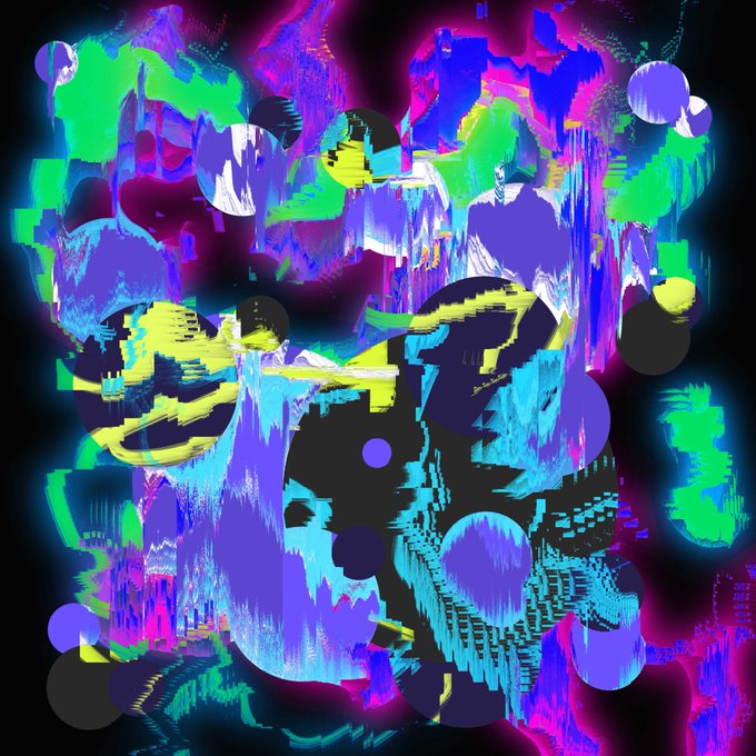 An abstract, chaotic digital artwork features vibrant neon colors including pink, blue, green, and yellow with glitch-like distortions and various geometric shapes against a black background.