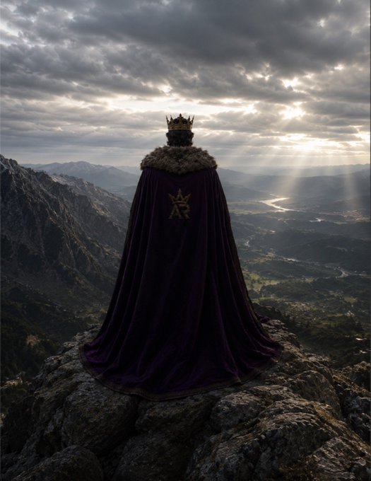 Dramatic scene of a figure wearing a crown and a long purple velvet cape with gold emblem standing on a rocky cliff edge, overlooking a vast mountainous landscape with sunbeams breaking through clouds.